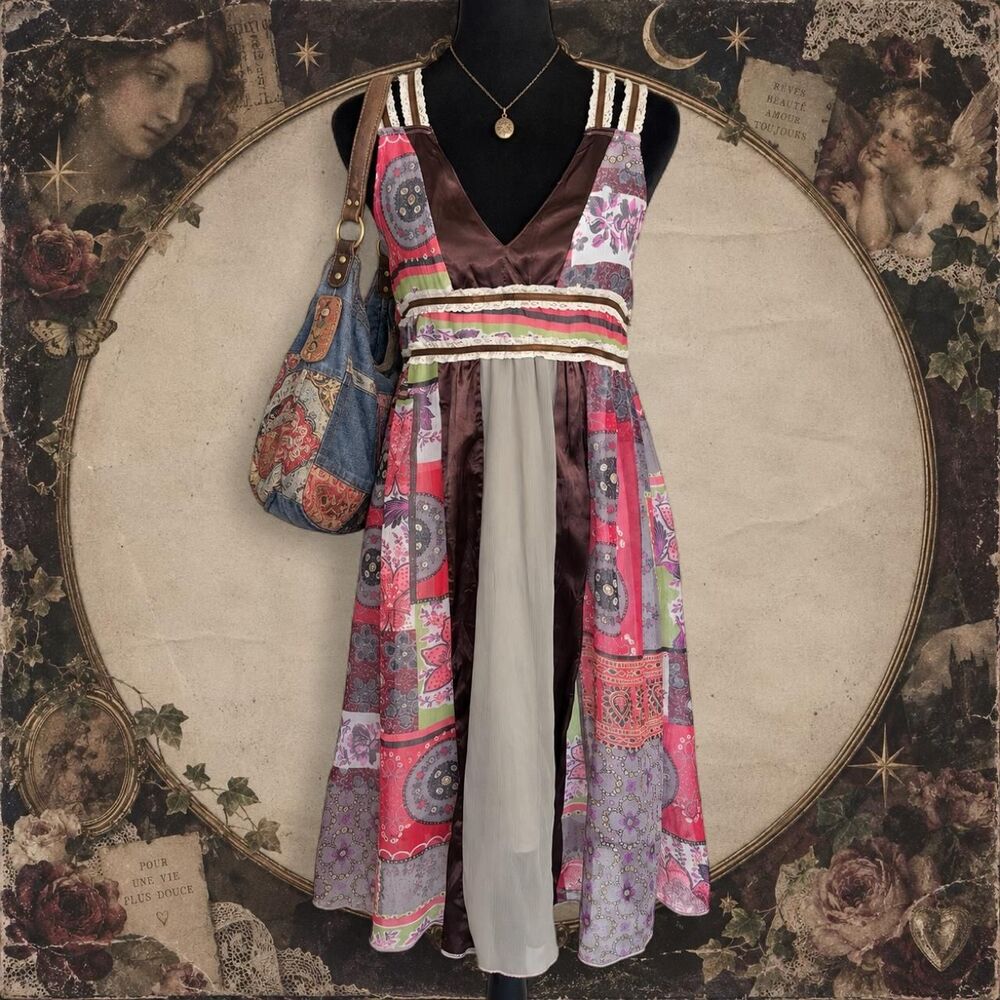 Vintage Y2K Patchwork Fairycore Midi Dress from Ever-Pretty Sz Medium